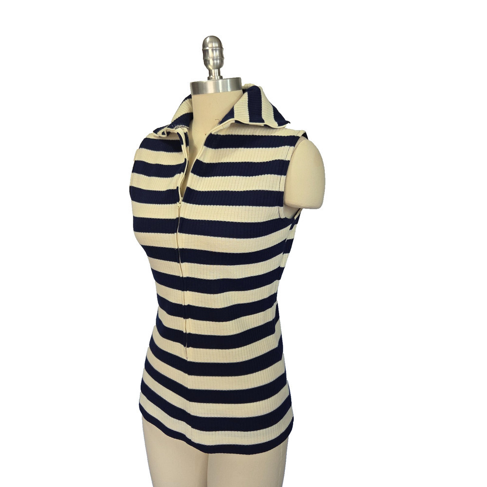 Vintage 60s Striped Knit Top Size S M Nautical Sleeveless Zip Collared Mod Retro